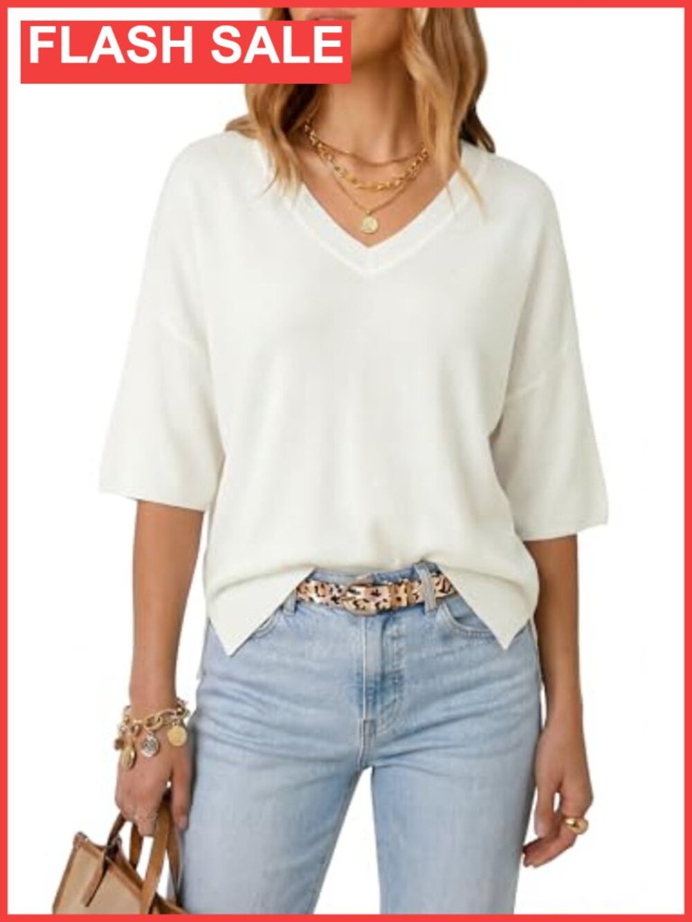 Wool Blend Elbow Sleeve Oversized V-Neck Split Hem Pullover Sweater